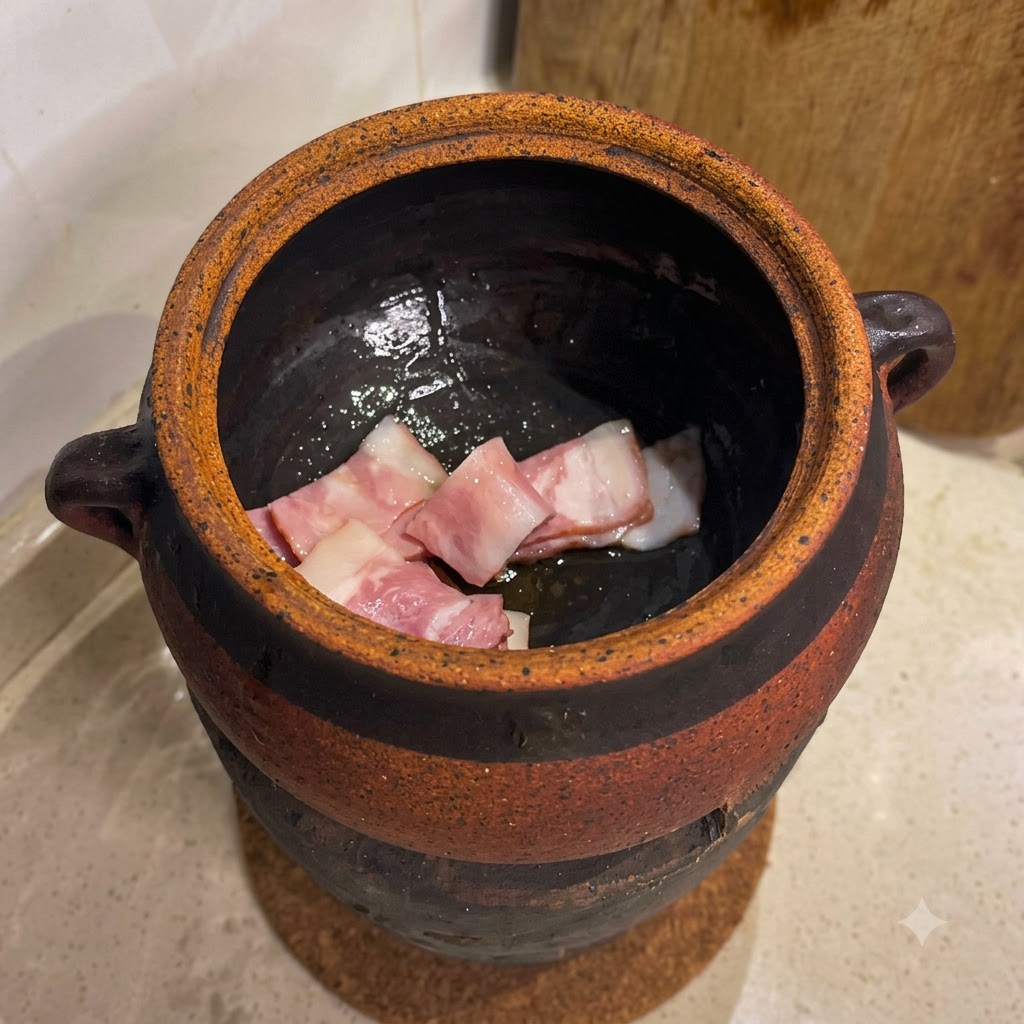 Pezzi di pancetta che friggono nellolio dentro una tradizionale pentola dargilla sopra la carbonella.