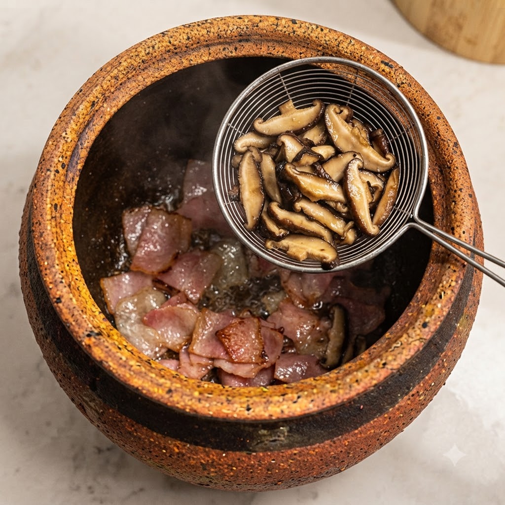 Funghi shiitake affettati aggiunti con un colino nella pentola per saltarli insieme alla pancetta.