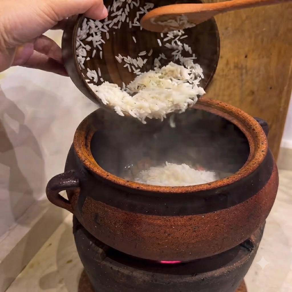 Riso ammollato versato da una ciotola di legno in una pentola dargilla riscaldata usando un cucchiaio di legno.