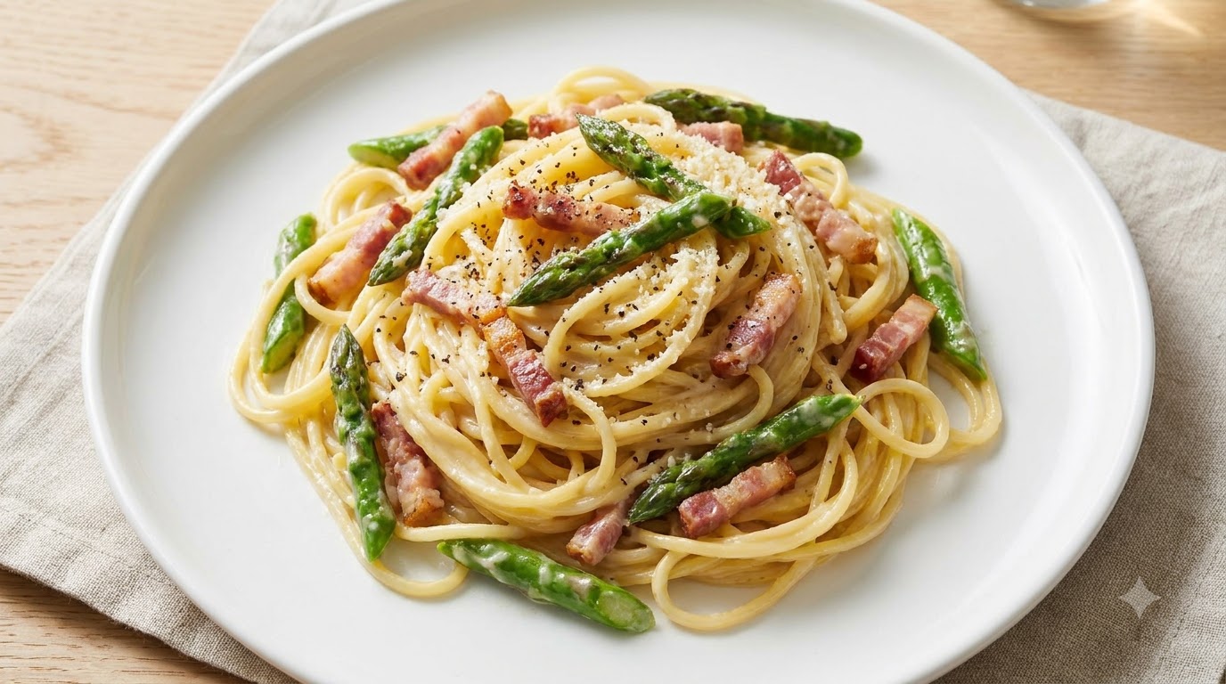 Pasta cremosa con asparagi e pancetta