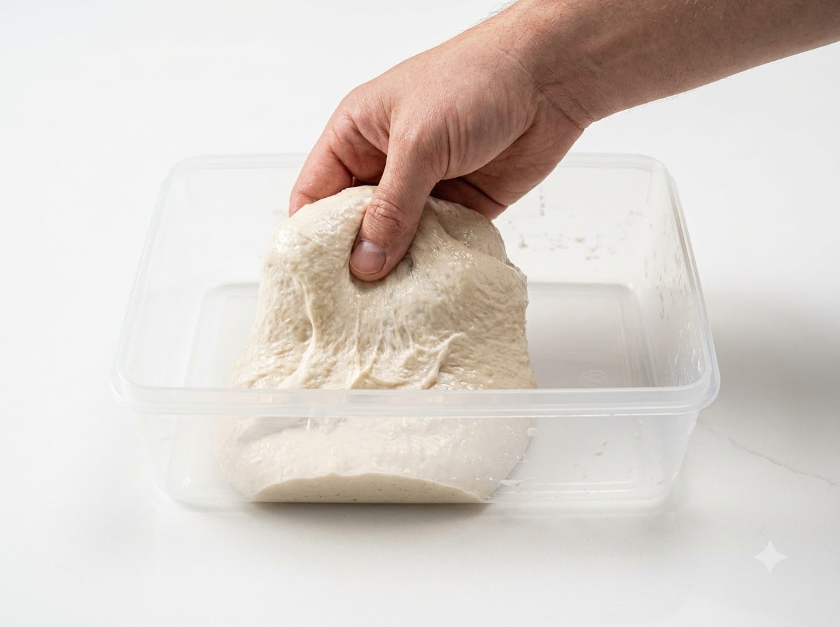 Una mano che solleva e ripiega una sezione di impasto lievitato dentro un contenitore trasparente rettangolare.