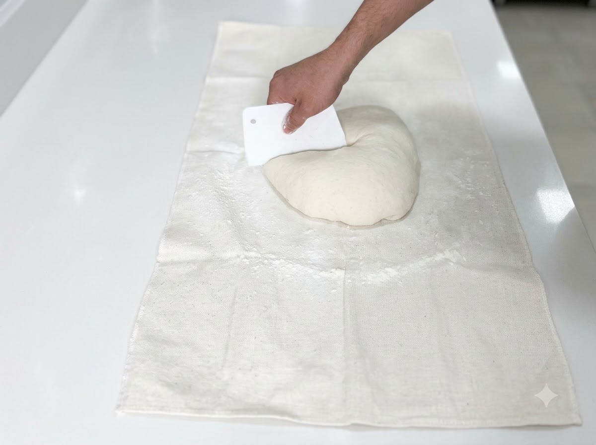 Una mano che impugna un tarocco di plastica bianco mentre taglia un pezzo di impasto bianco su un panno.