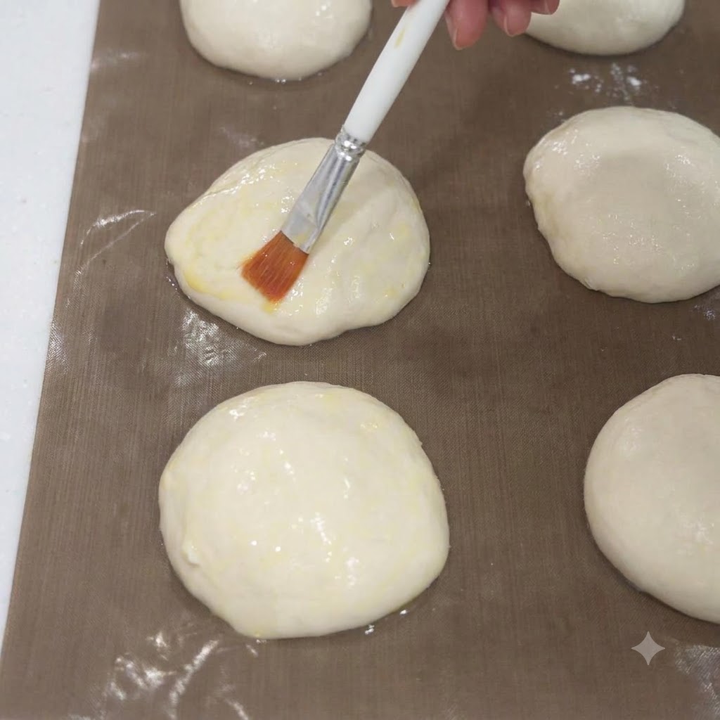 Un pennello da cucina che distribuisce con cura lolio sulla superficie di porzioni di impasto crudo disposte su una teglia.