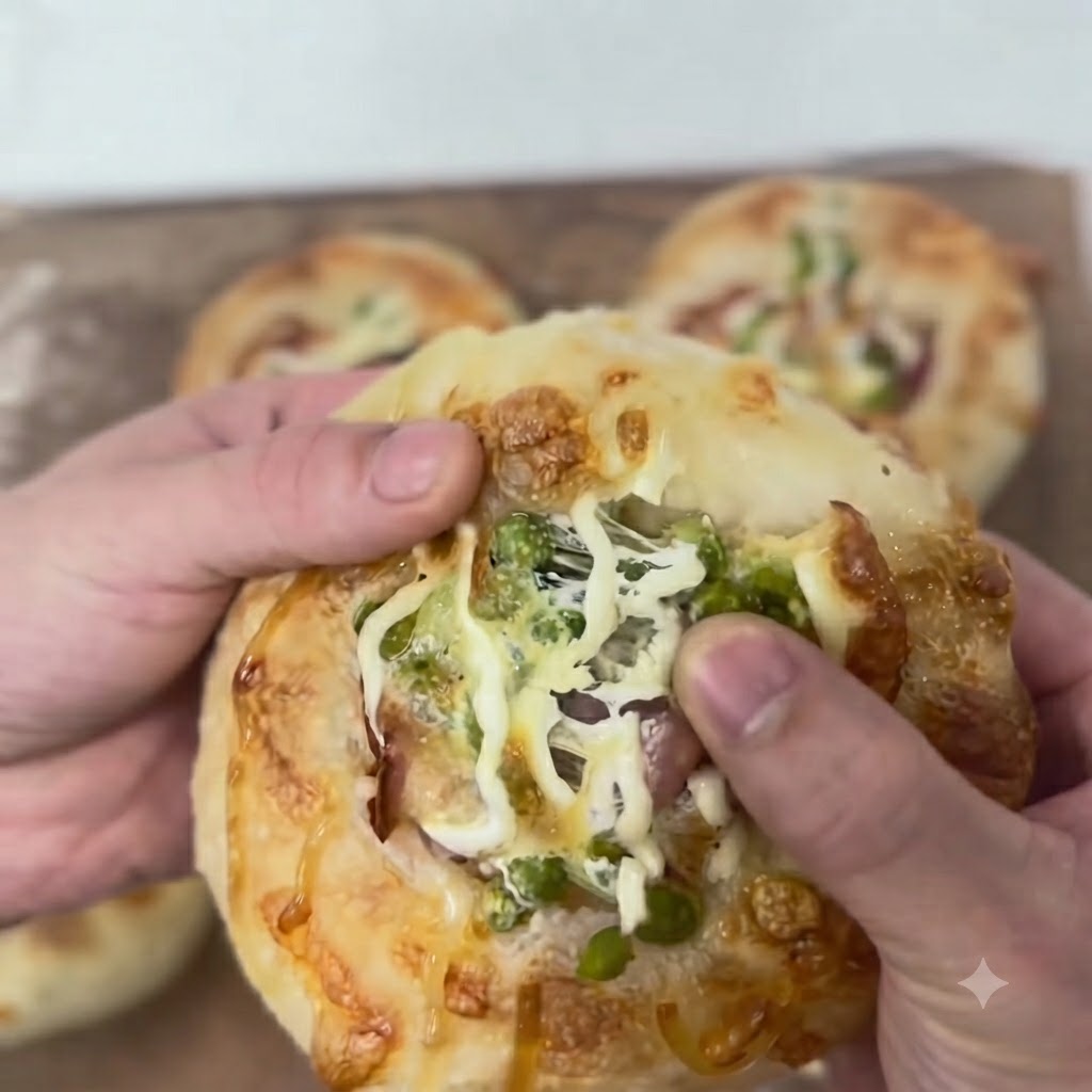 Formaggio grattugiato disposto sopra la pancetta e i piselli verdi nelle porzioni di impasto.