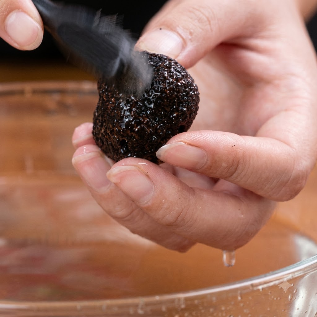 Un tartufo nero tagliato a fette con un coltello bianco su un tagliere di legno.