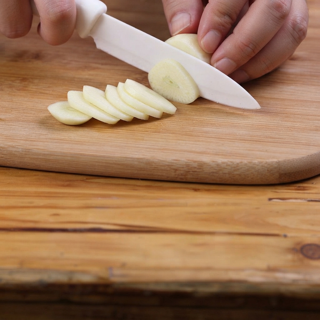 Pezzi di peperone verde tagliati su un tagliere di legno con un coltello.