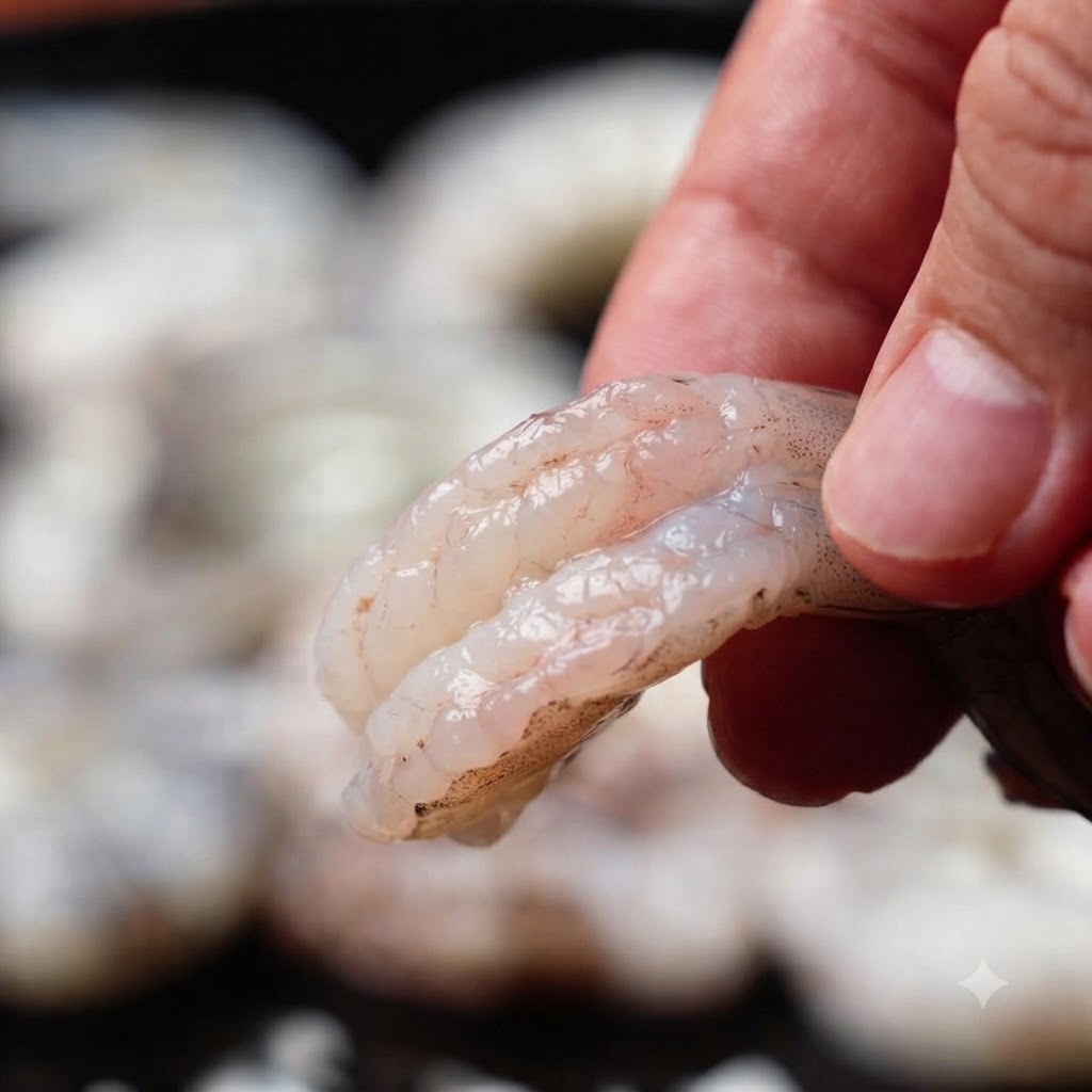 Un gambero crudo sbucciato accuratamente ricoperto da uno strato bianco di amido.