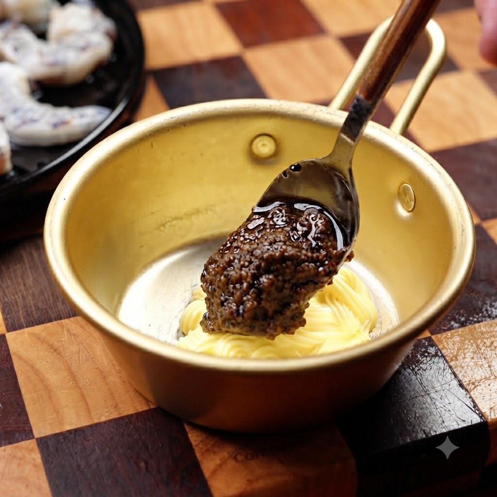 Maionese in una ciotola metallica mescolata con un cucchiaio di salsa di tartufo nero usando un cucchiaio.