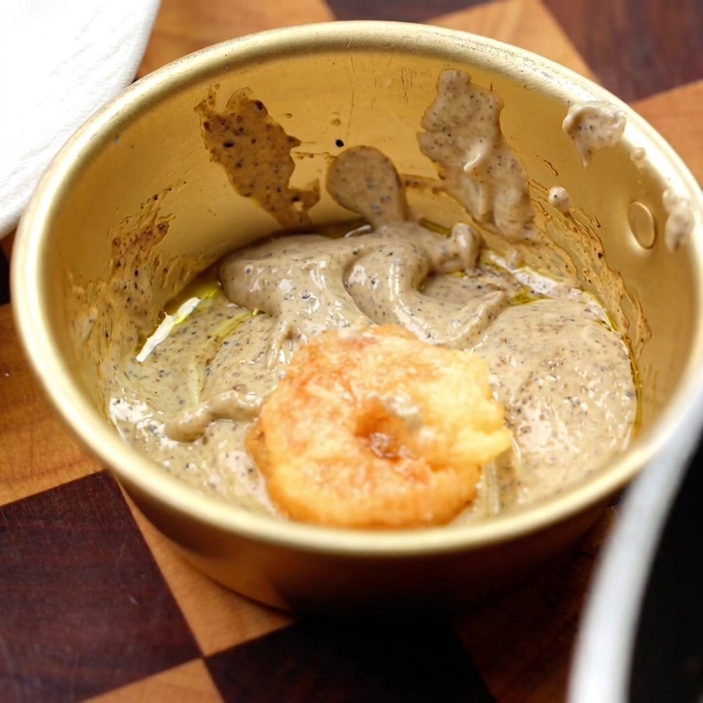 Gamberi friti aggiunti nella ciotola con la salsa di tartufo nero e maionese, mescolati insieme in modo uniforme.