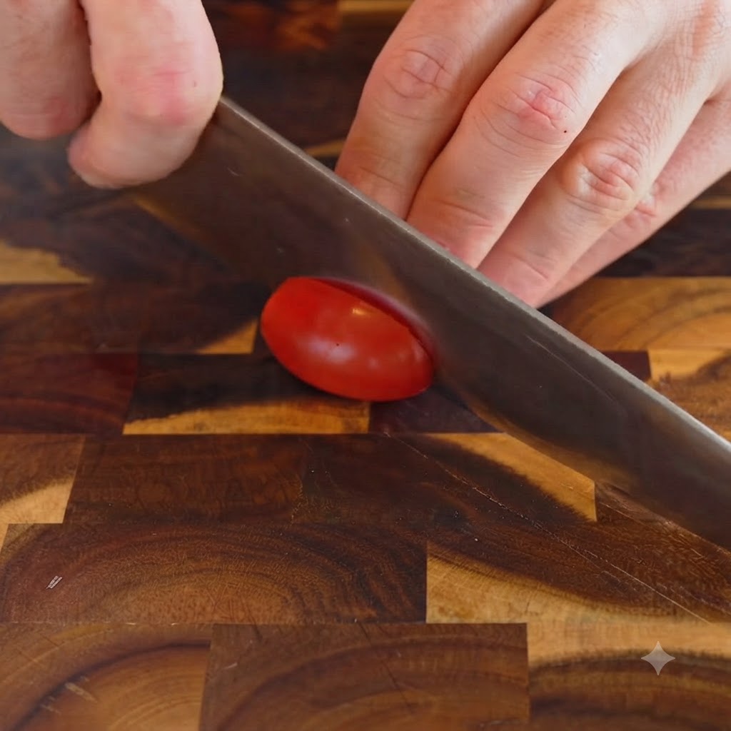 Un coltello da chef affilato taglia a metà un pomodorino rosso su un tagliere di legno.