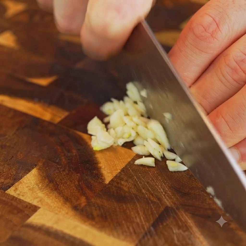 Un coltello da chef che sminuzza spicchi daglio pelati su un tagliere di legno.