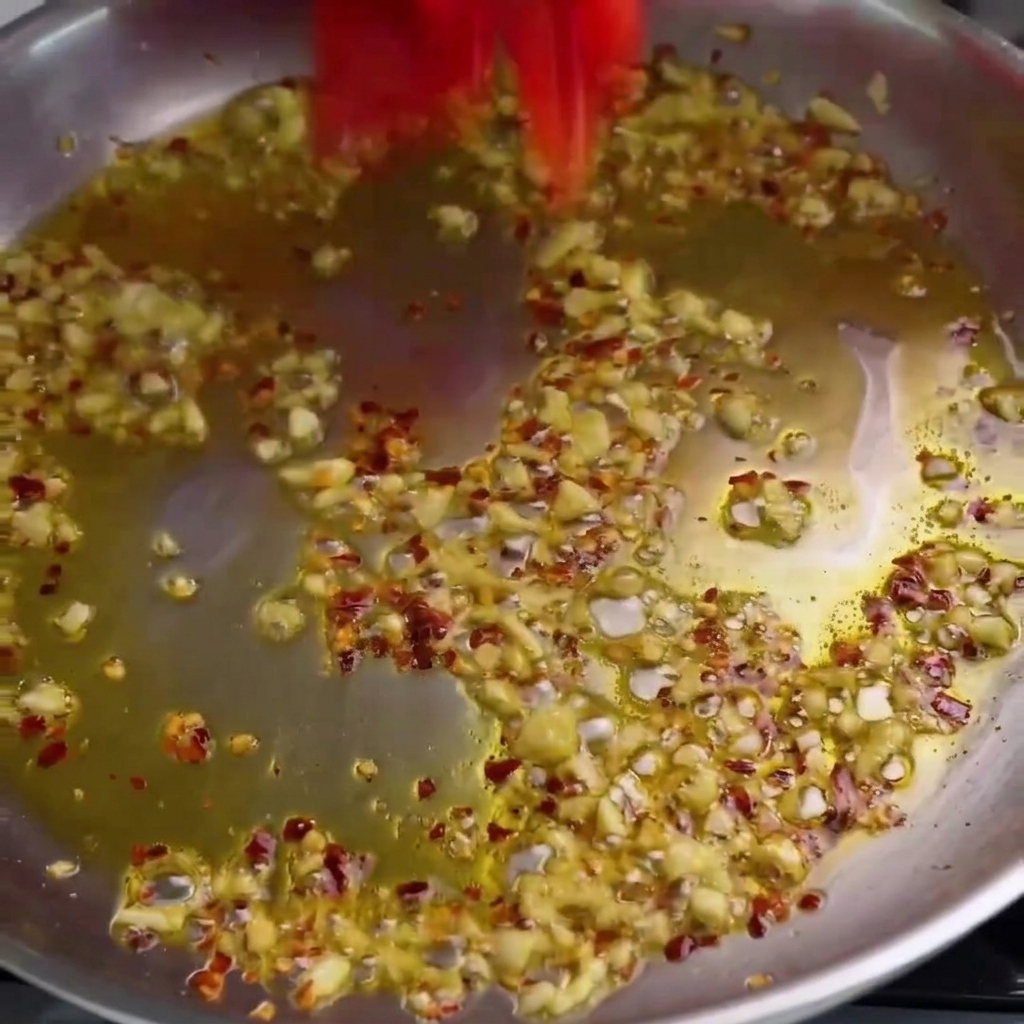 Pomodorini tagliati a metà gettati in una padella con aglio e olio.