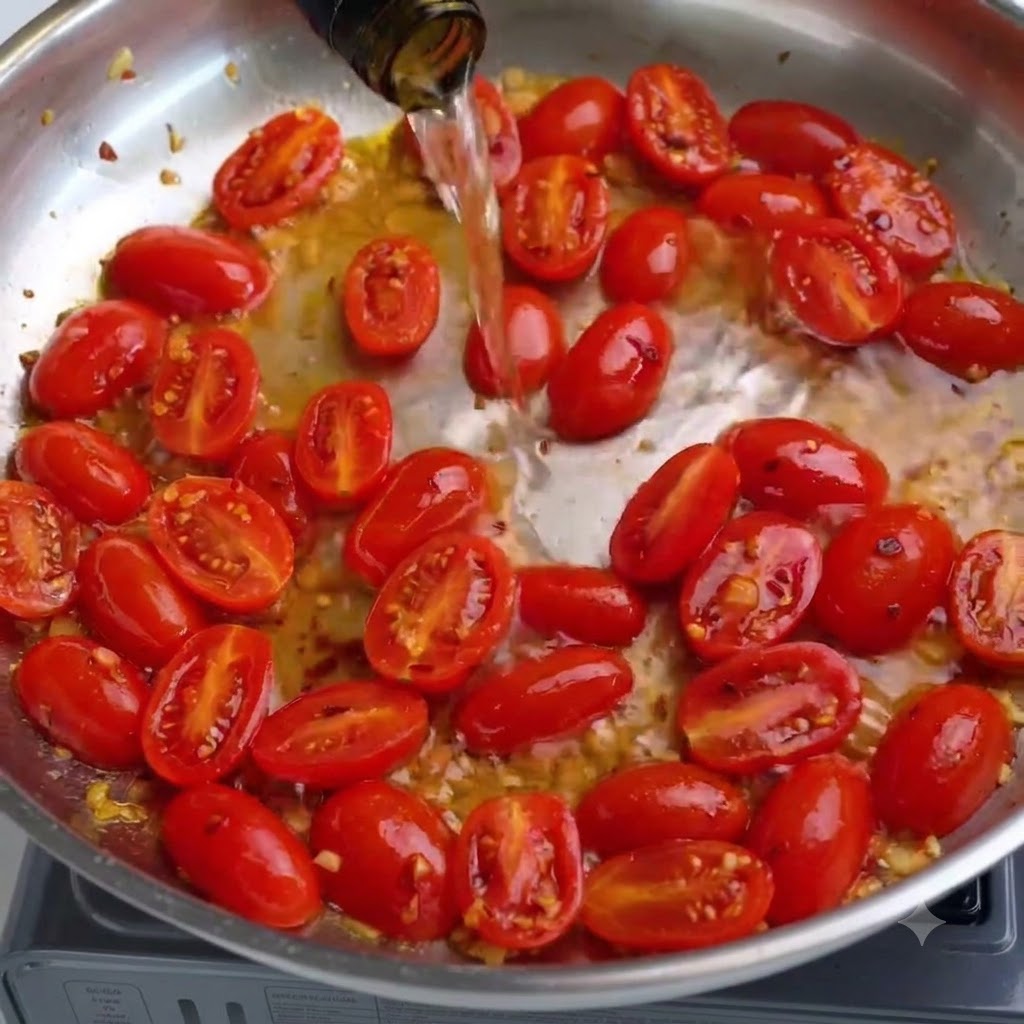 Sale e pepe nero che cadono sui pomodorini che sobbollono in una padella.