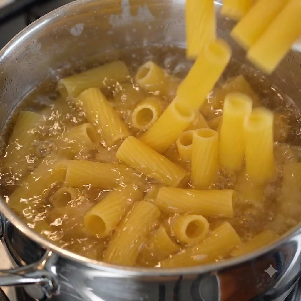 Pezzi di pasta rigatoni che cadono in una pentola dacqua bollente salata.