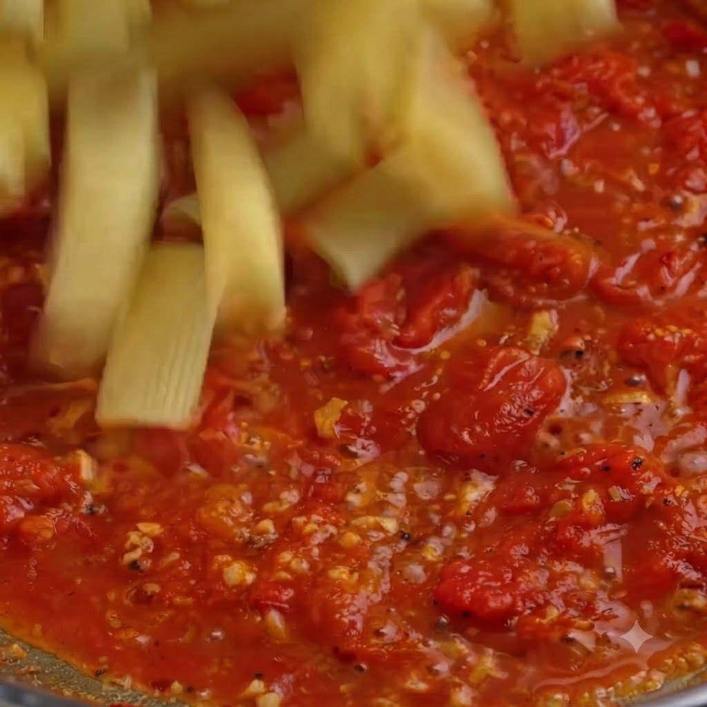 Tubetti di pasta cotta versati in una padella piena di vibrante salsa di pomodoro rosso.