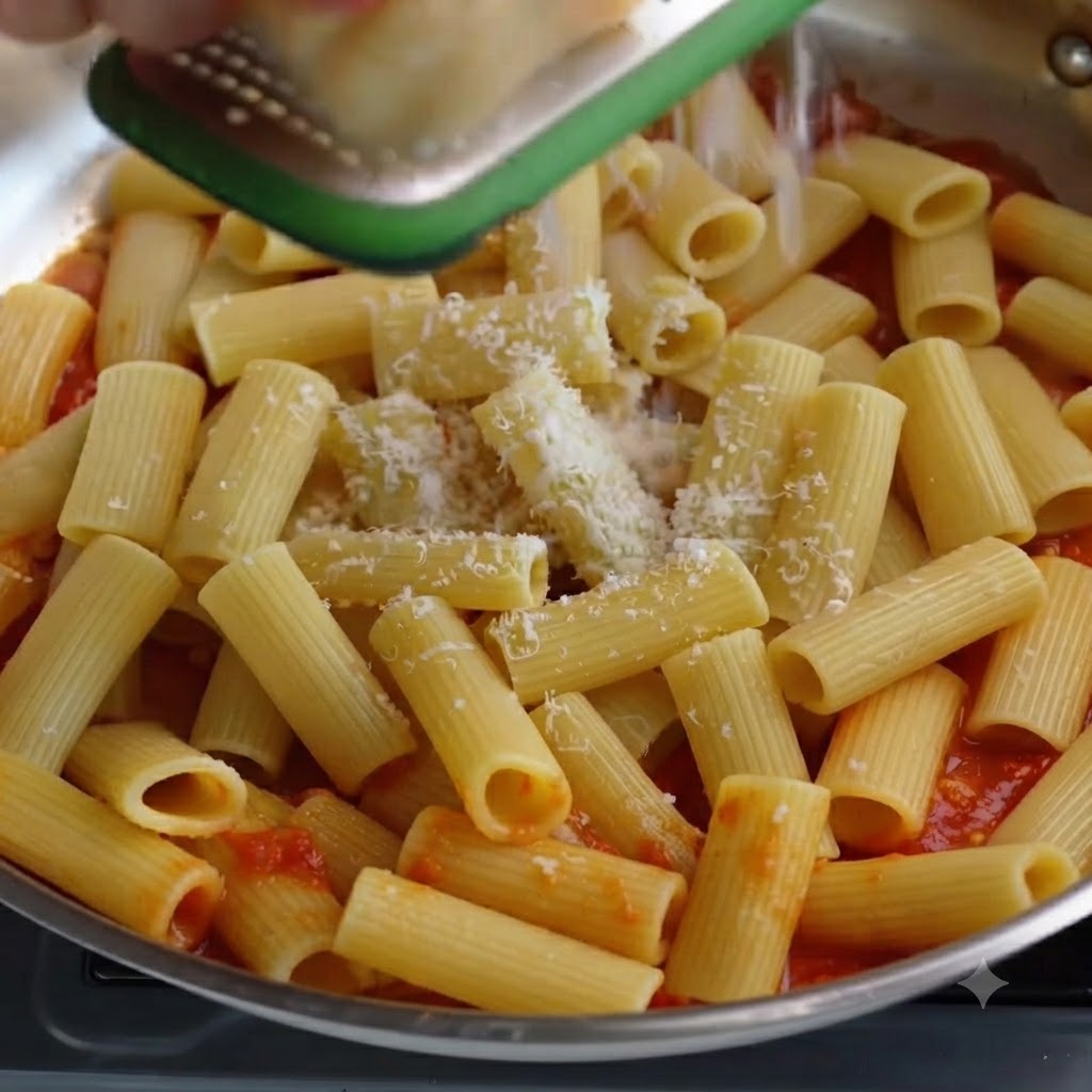 Una grattugia manuale che sminuzza formaggio Parmigiano direttamente sopra i rigatoni in padella.