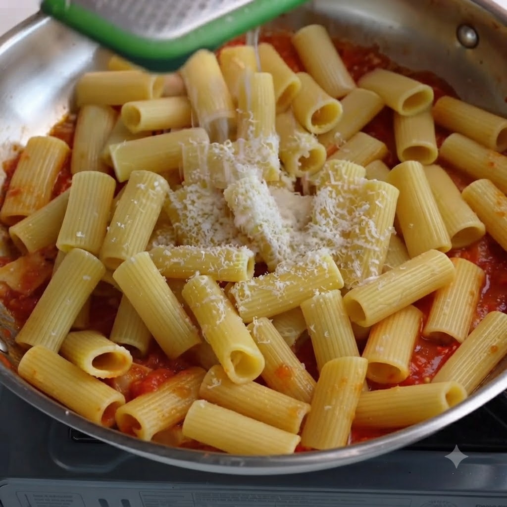 Acqua versata da un contenitore in una padella con pasta e formaggio grattugiato.