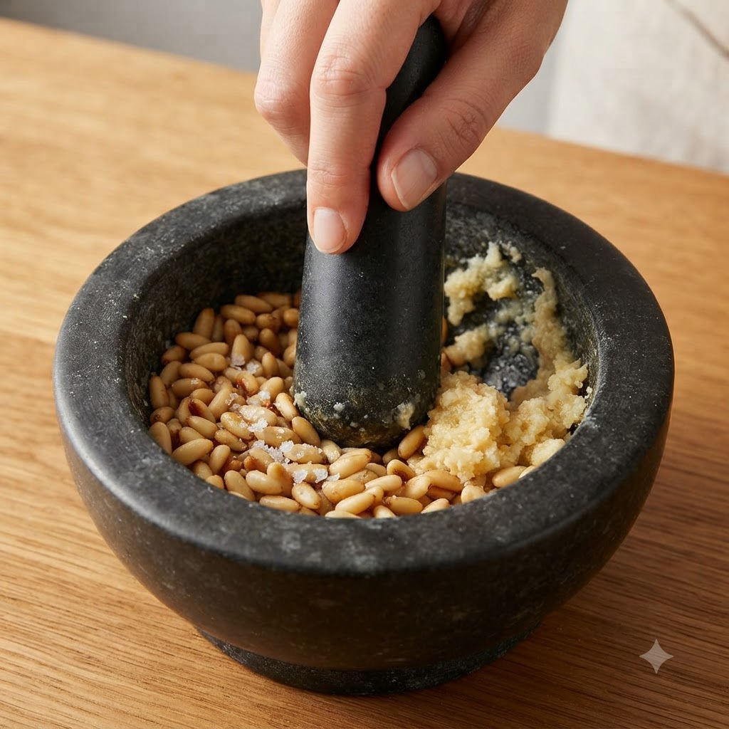 Una mano che impugna un pestello mentre macina gli ingredienti dentro un mortaio di pietra.