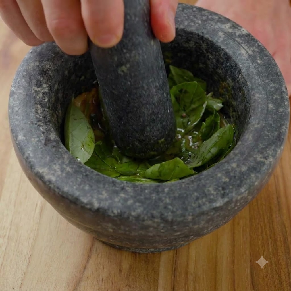 Foglie di basilico verde fresco schiacciate allinterno di un mortaio di pietra con un pestello.