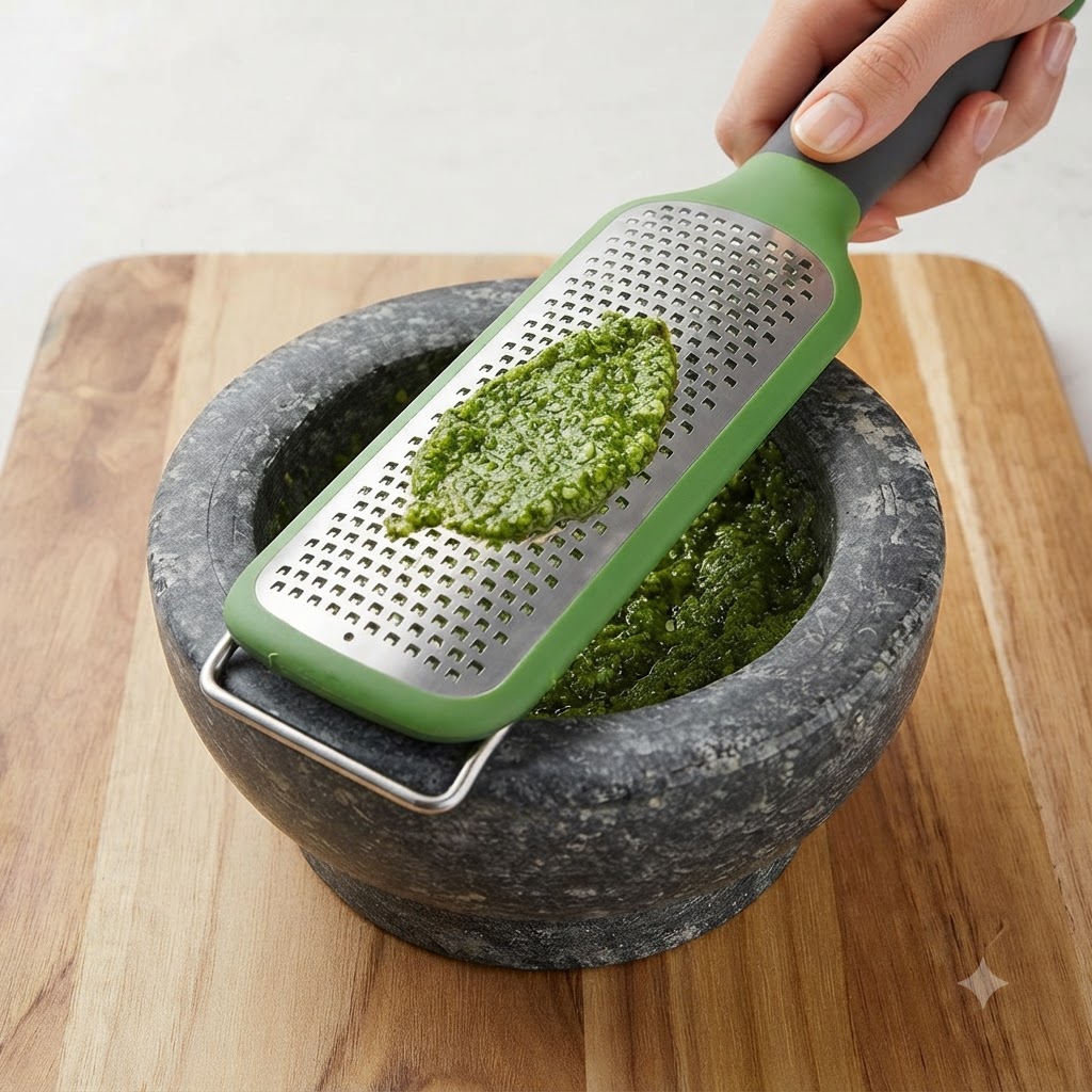 Parmigiano grattugiato con una grattugia verde su un mortaio di pietra pieno di ingredienti per il pesto verde.