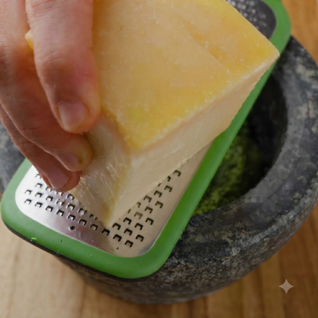 Olio extravergine doliva versato da un beccuccio dosatore in un mortaio di pietra pieno di pesto verde.