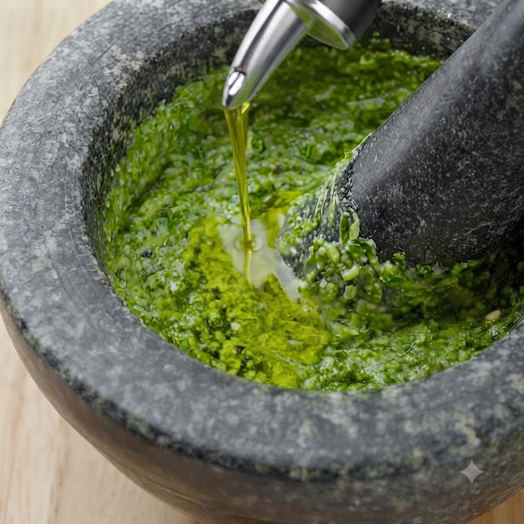 Un cucchiaio di pesto verde fresco versato in una padella di rigatoni cotti mescolati con la salsa di pomodoro.