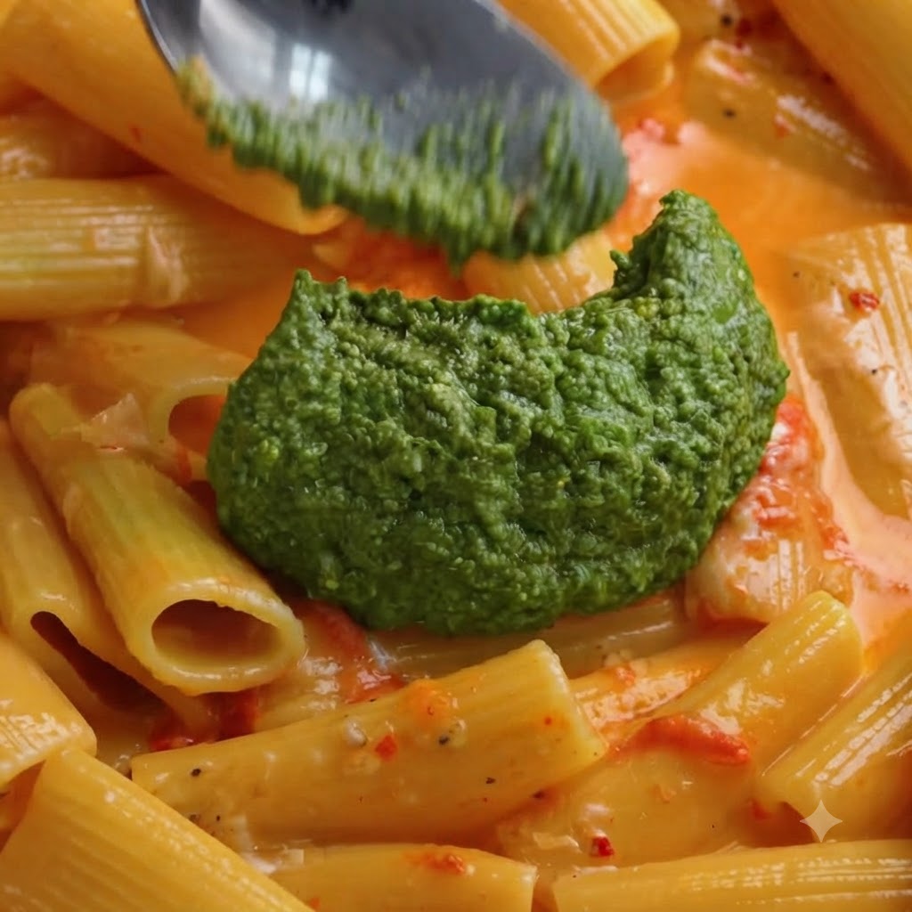 Rigatoni e salsa al pesto verde mescolati insieme in una padella capiente con una spatola bianca.
