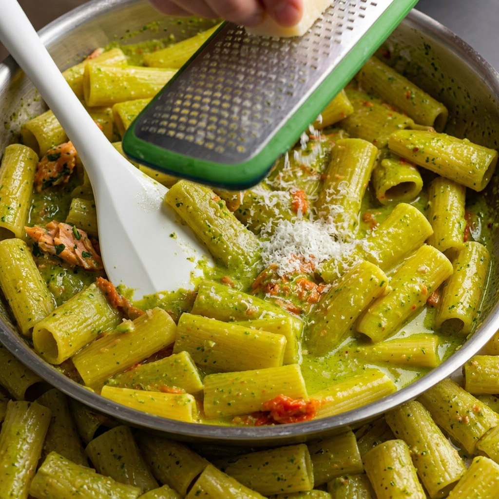 Formaggio Parmigiano fresco grattugiato da un blocco su una padella di rigatoni al pesto finiti.