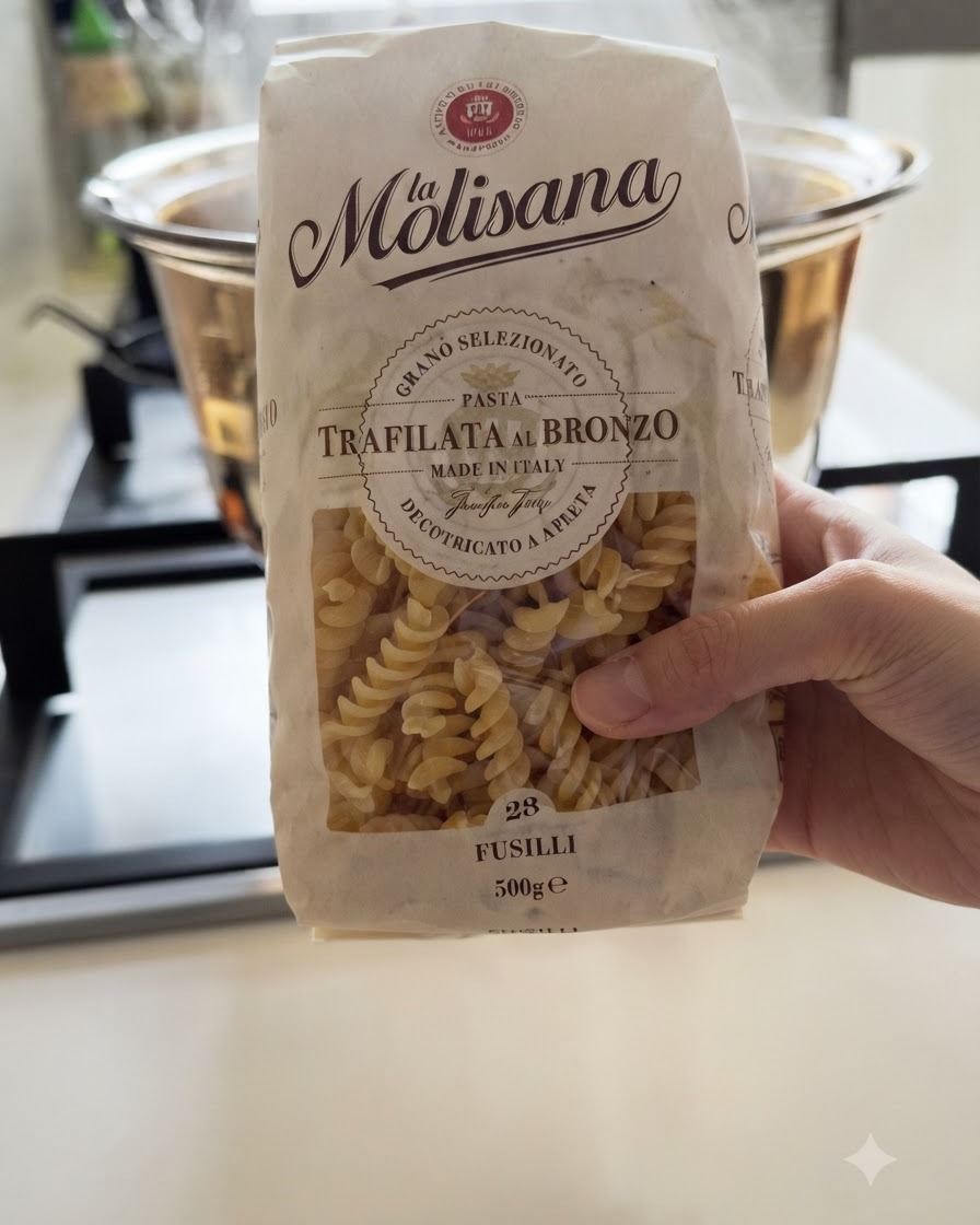 Fili di pasta fusilli secchi che vengono immersi in acqua bollente allinterno di una pentola di metallo.