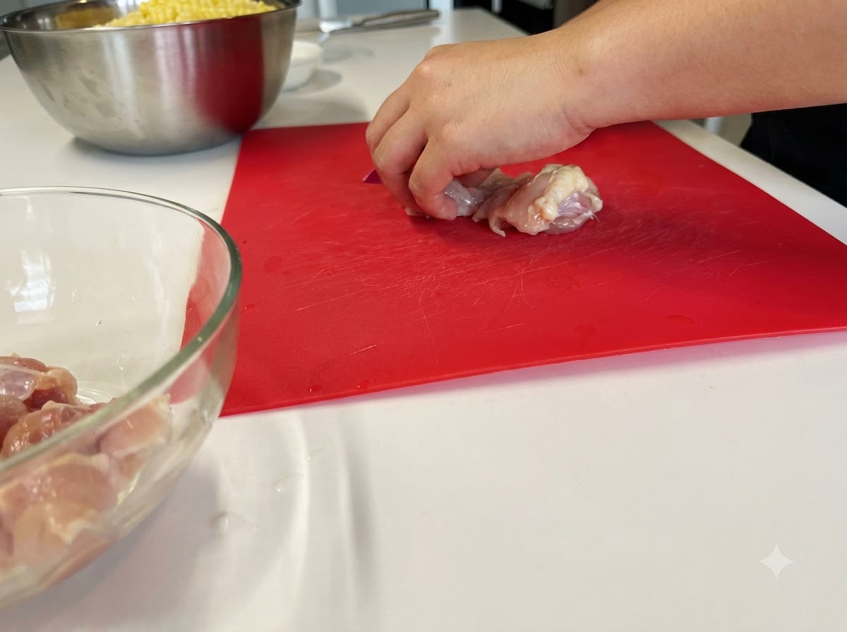 Carne cruda di coscia di pollo tagliata a pezzetti su un tagliere rosso.