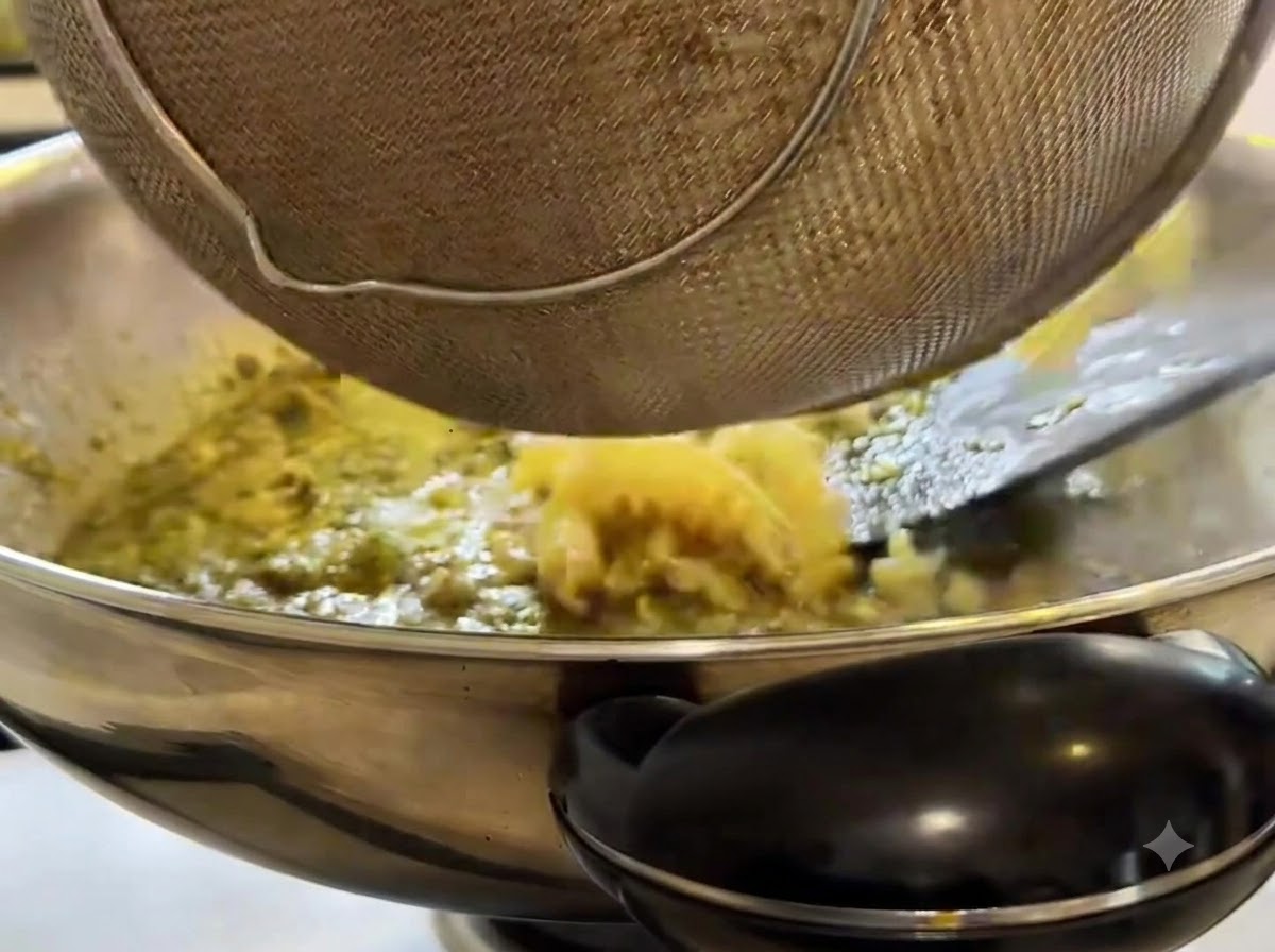 Pasta fusilli scolata versata da un colino a rete nel wok di cottura.