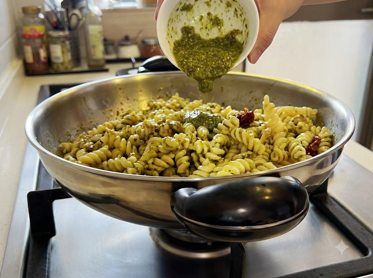 Pomodori secchi mescolati nel wok pieno di pasta e pesto verde.