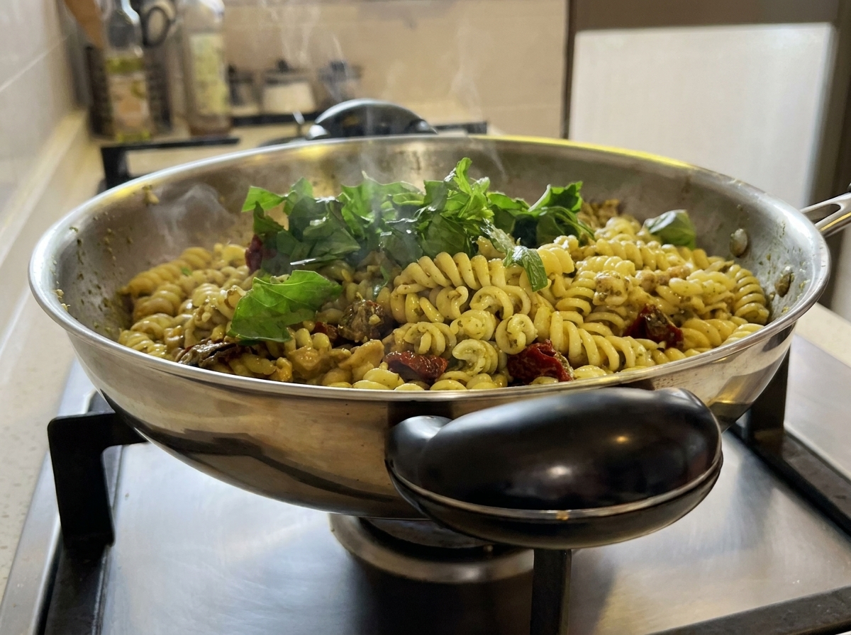 Foglie di basilico verde fresco piegate nel piatto di pasta caldo allinterno del wok.