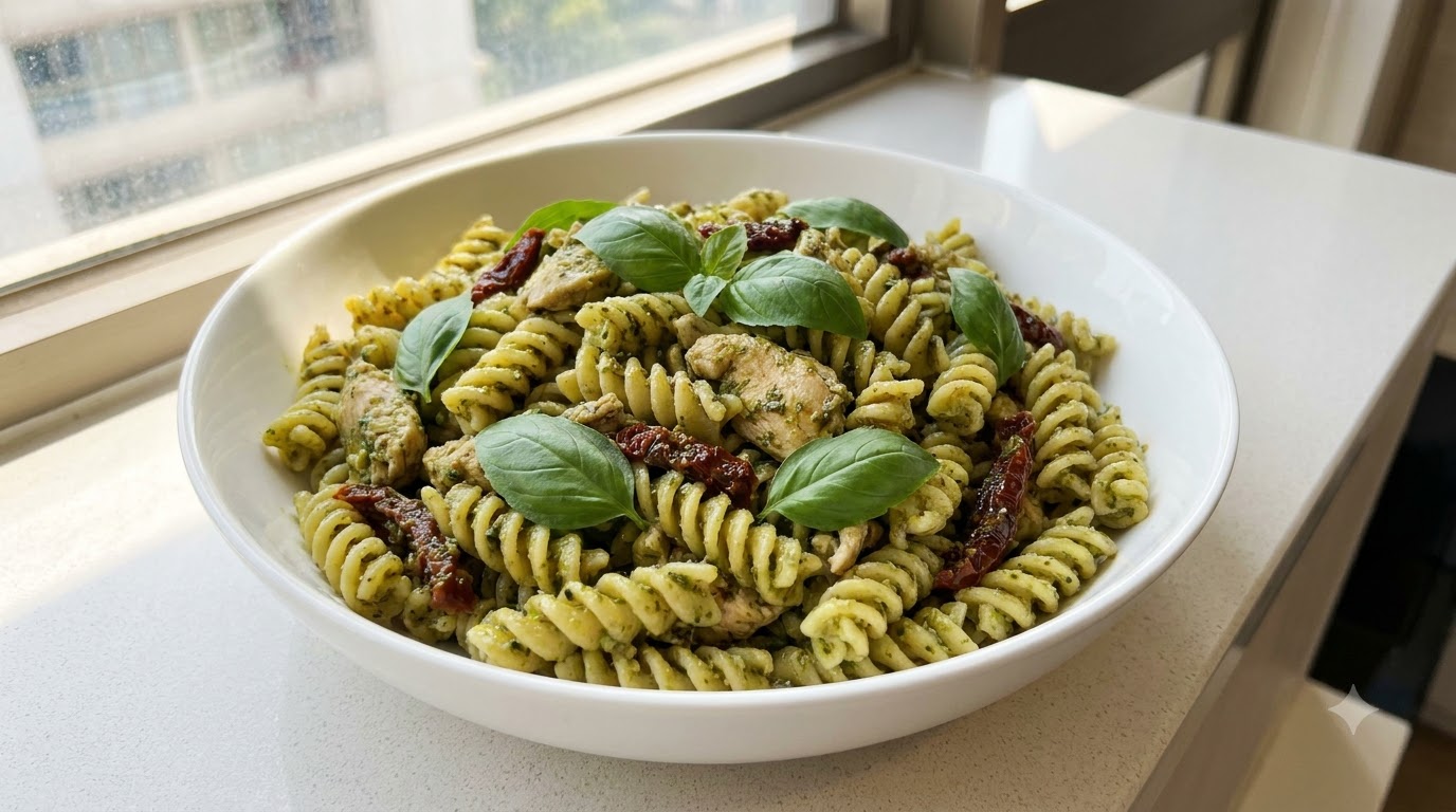 Una ciotola di fusilli al pesto di pollo con pomodori secchi e foglie di basilico fresco