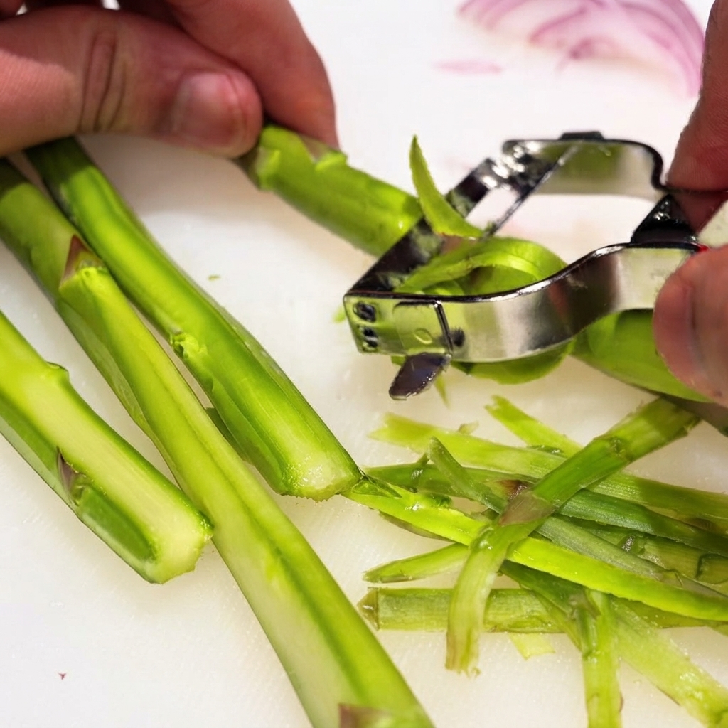Gambi di asparagi verdi freschi pelati con un pelapatate in metallo su un tagliere bianco.