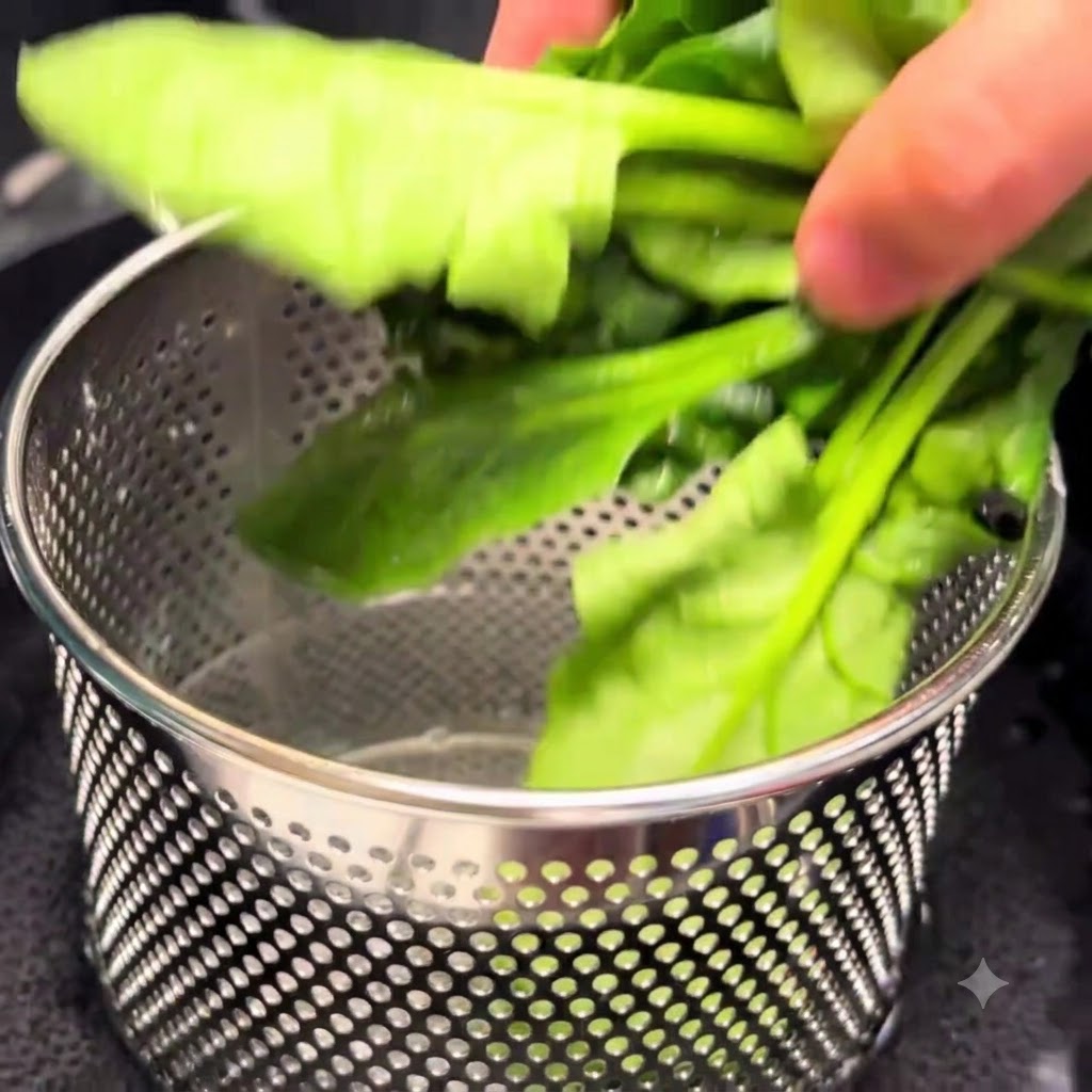 Foglie di spinaci verdi freschi aggiunte in un cestino scolapasta in metallo sopra una pentola di acqua bollente.