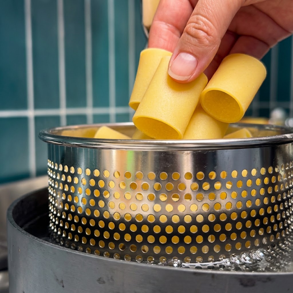 Grandi tubi di pasta paccheri immersi in un cestino scolapasta in metallo nellacqua bollente.