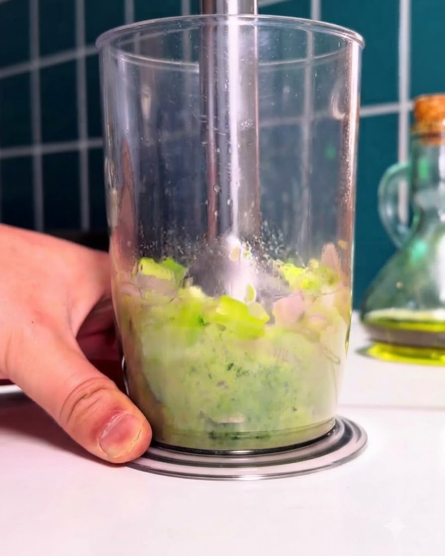 Un frullatore a immersione che riduce in purea verdure verdi sbollentate e spinaci allinterno di un bicchiere alto trasparente.