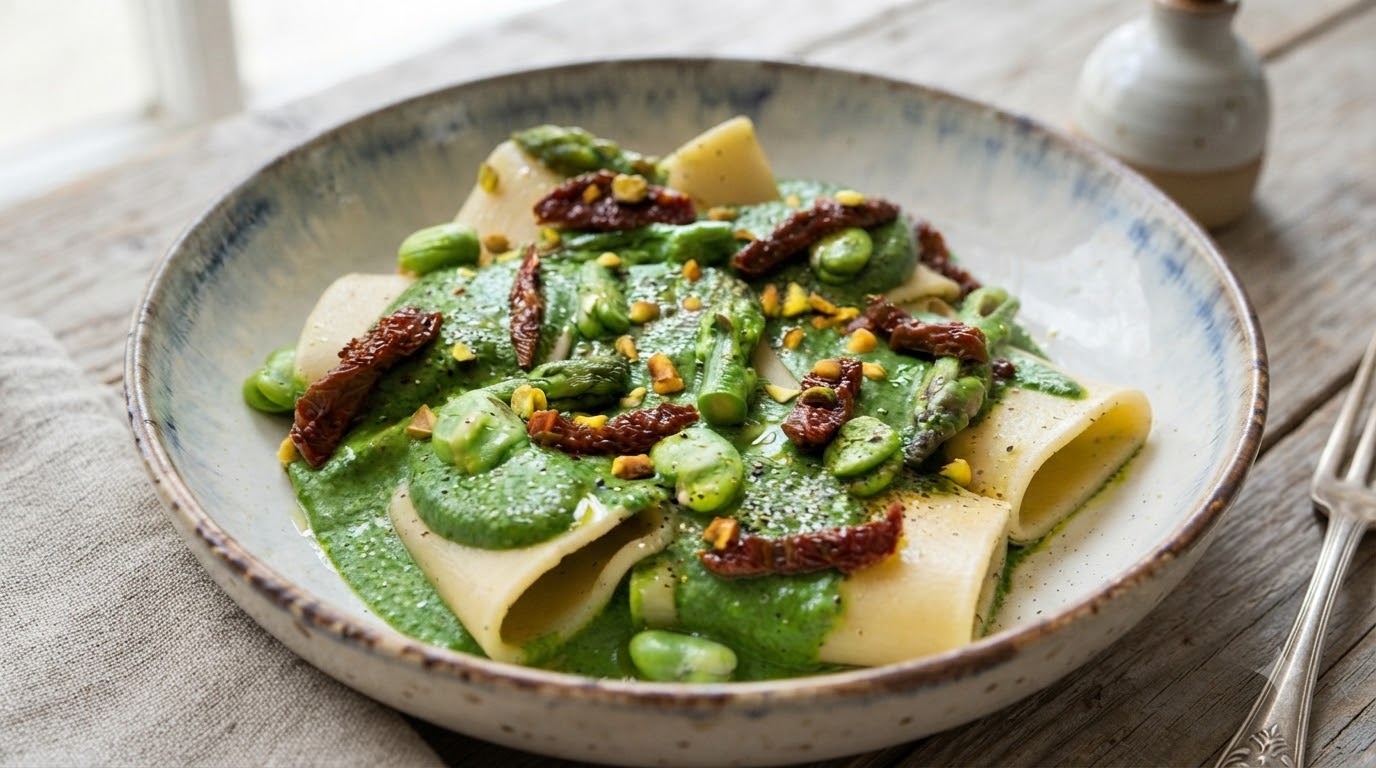 Pasta ai Paccheri con Pesto Verde Primaverile