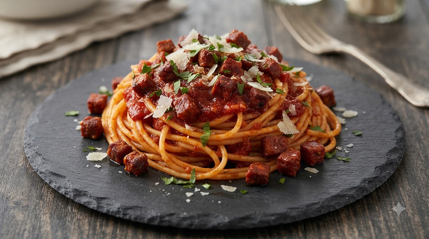Spaghetti veloci con chorizo e pomodori secchi