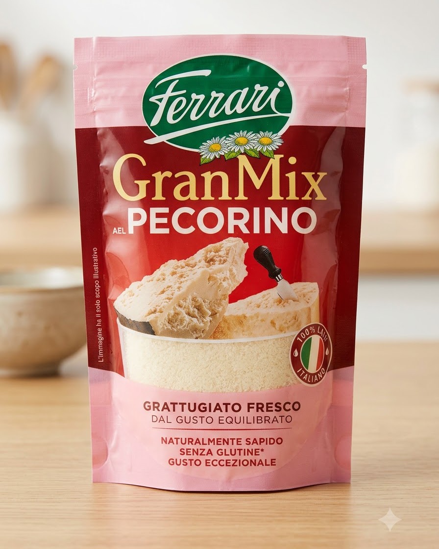 Una confezione rosa di formaggio Ferrari GranMix Pecorino in piedi su un bancone da cucina in legno.