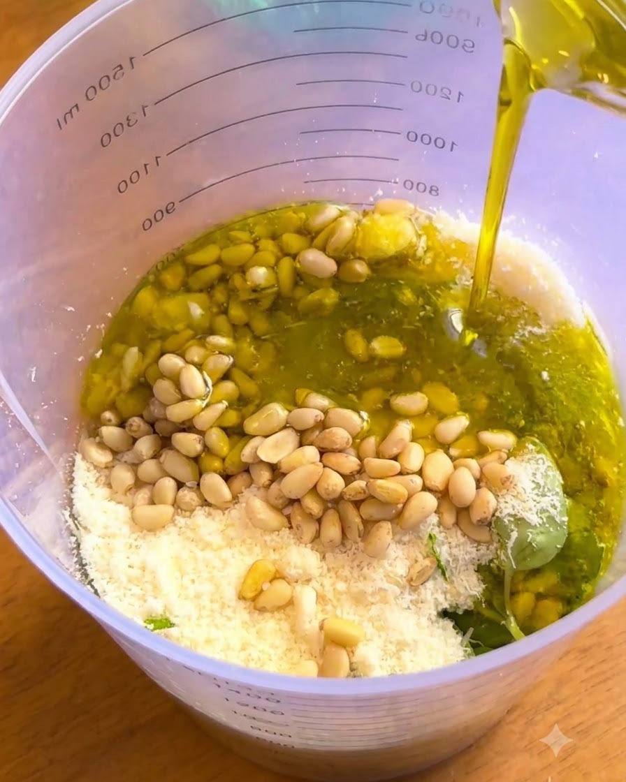 Olio extravergine doliva versato in un grande misurino contenente pinoli, formaggio grattugiato e foglie di basilico.