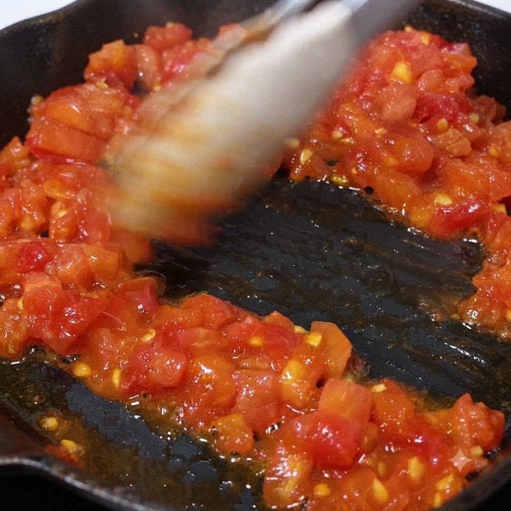 Pomodori tagliati a dadini fini che sobbollono e si ammorbidiscono in una padella unta dolio.