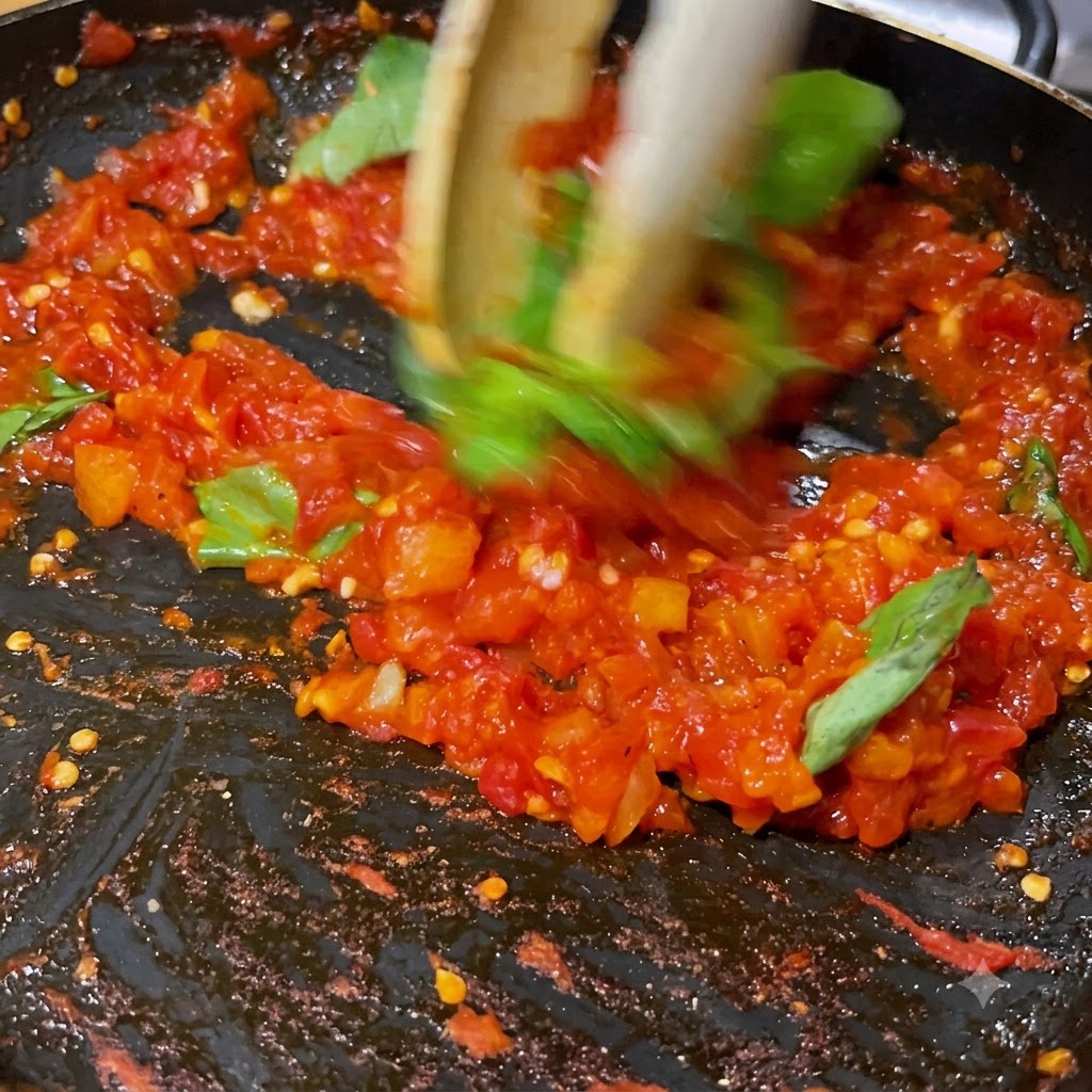 Foglie di basilico fresco mescolate e incorporate nella vibrante salsa di pomodoro rossa dentro una padella.