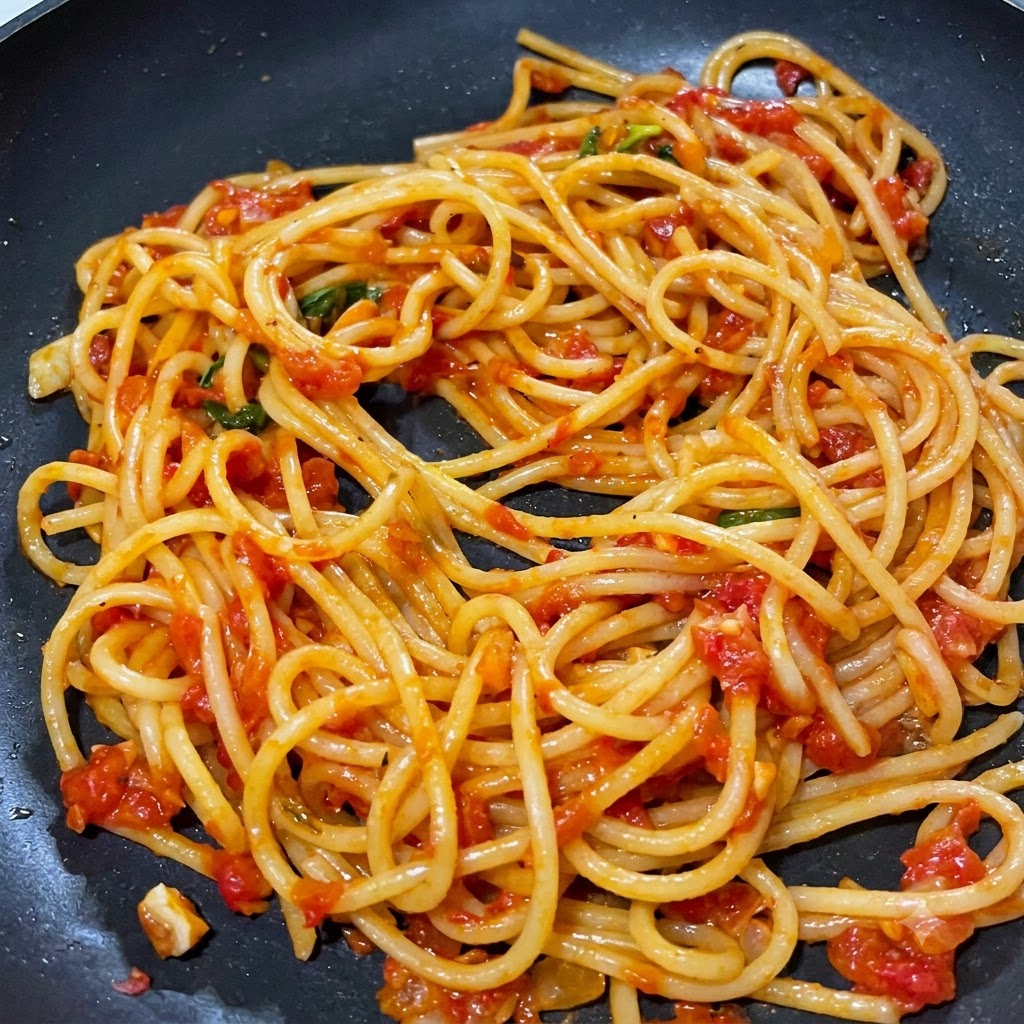 Spaghetti cotti mescolati a fondo e conditi con il sugo di carne al pomodoro fatto in casa in una padella.