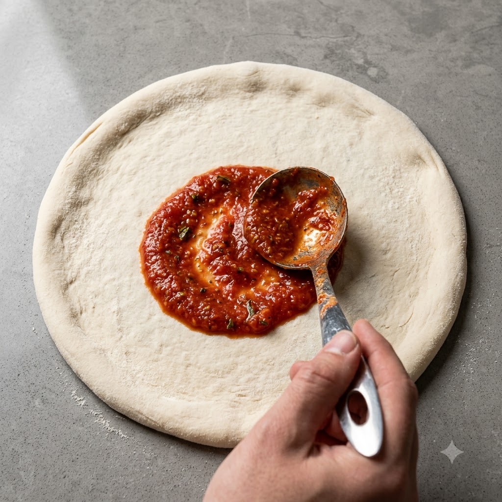 Un mestolo di metallo che distribuisce la salsa di pomodoro rossa con un movimento a spirale sopra la pasta cruda della pizza.
