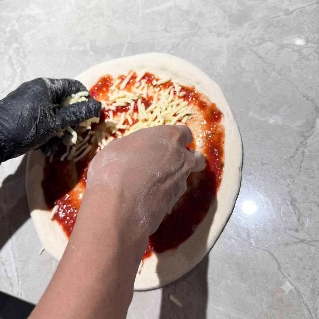 Mani con i guanti che cospargono formaggio mozzarella grattugiato su una base di pizza condita con pomodoro.