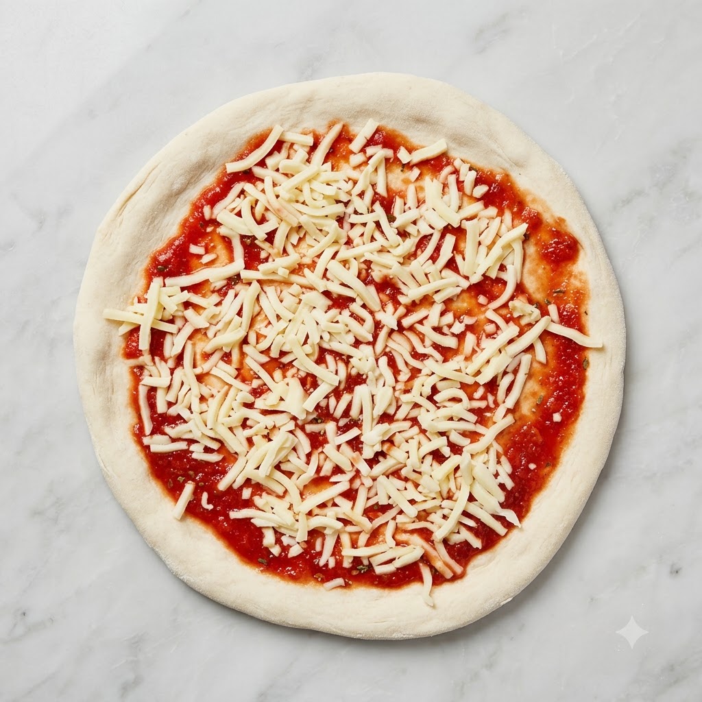 Una base per pizza preparata ricoperta di salsa di pomodoro, mozzarella e pomodorini tagliati a metà.