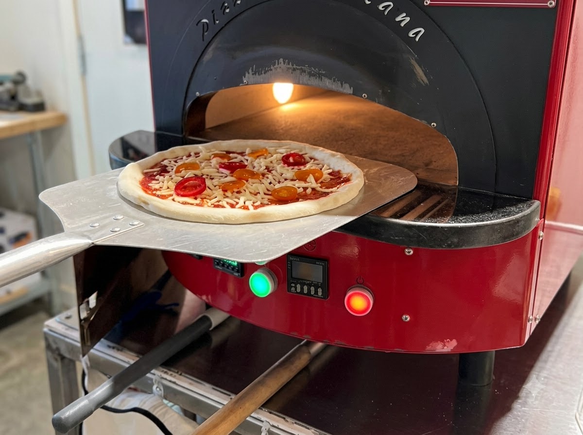 Una pizza che viene inserita con una pala nella bocca aperta di un forno per pizza a cupola rossa.