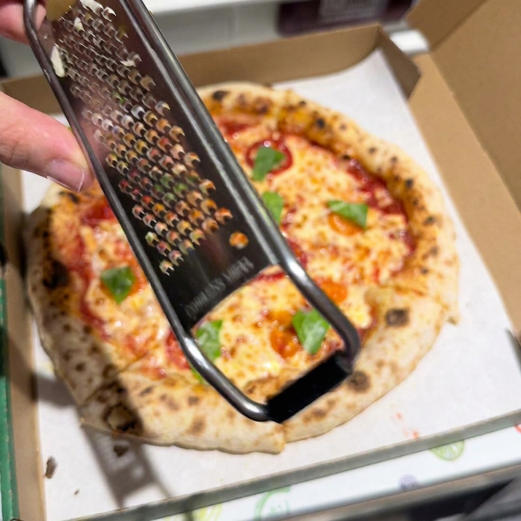 Una mano che regge una grattugia di metallo, intenta a grattugiare Parmigiano-Reggiano su una pizza cotta dentro una scatola.